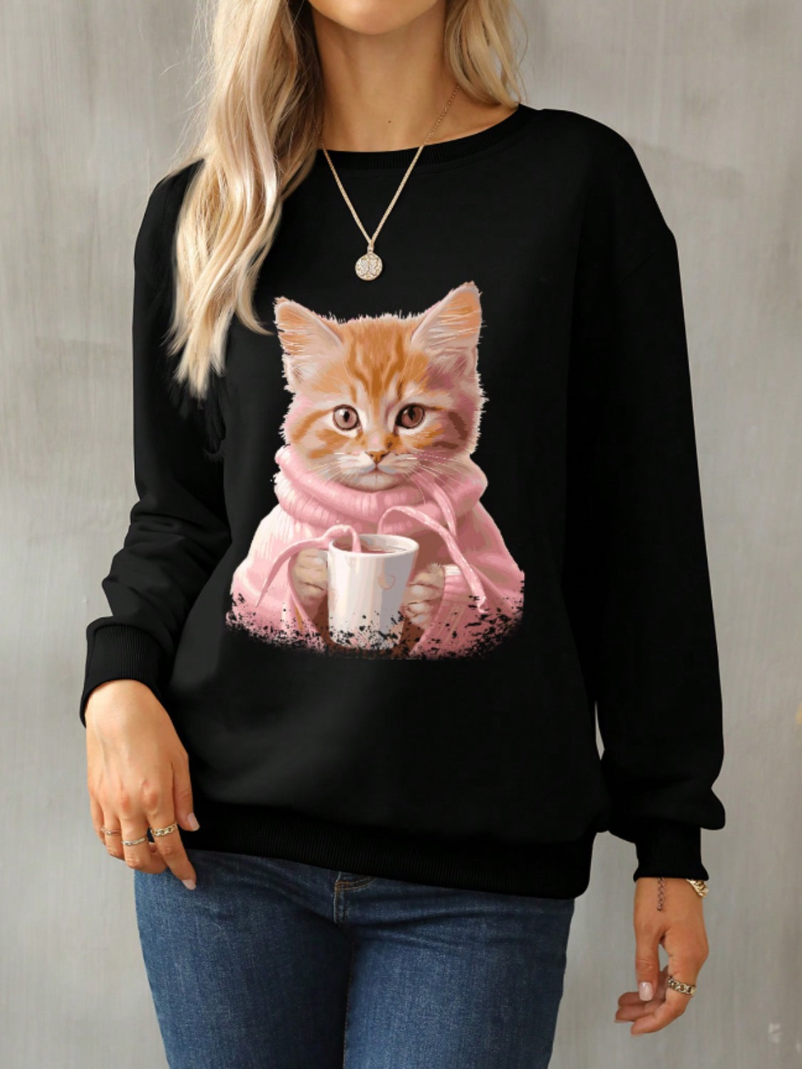 Cat Round Neck Long Sleeve Sweatshirt - felvior
