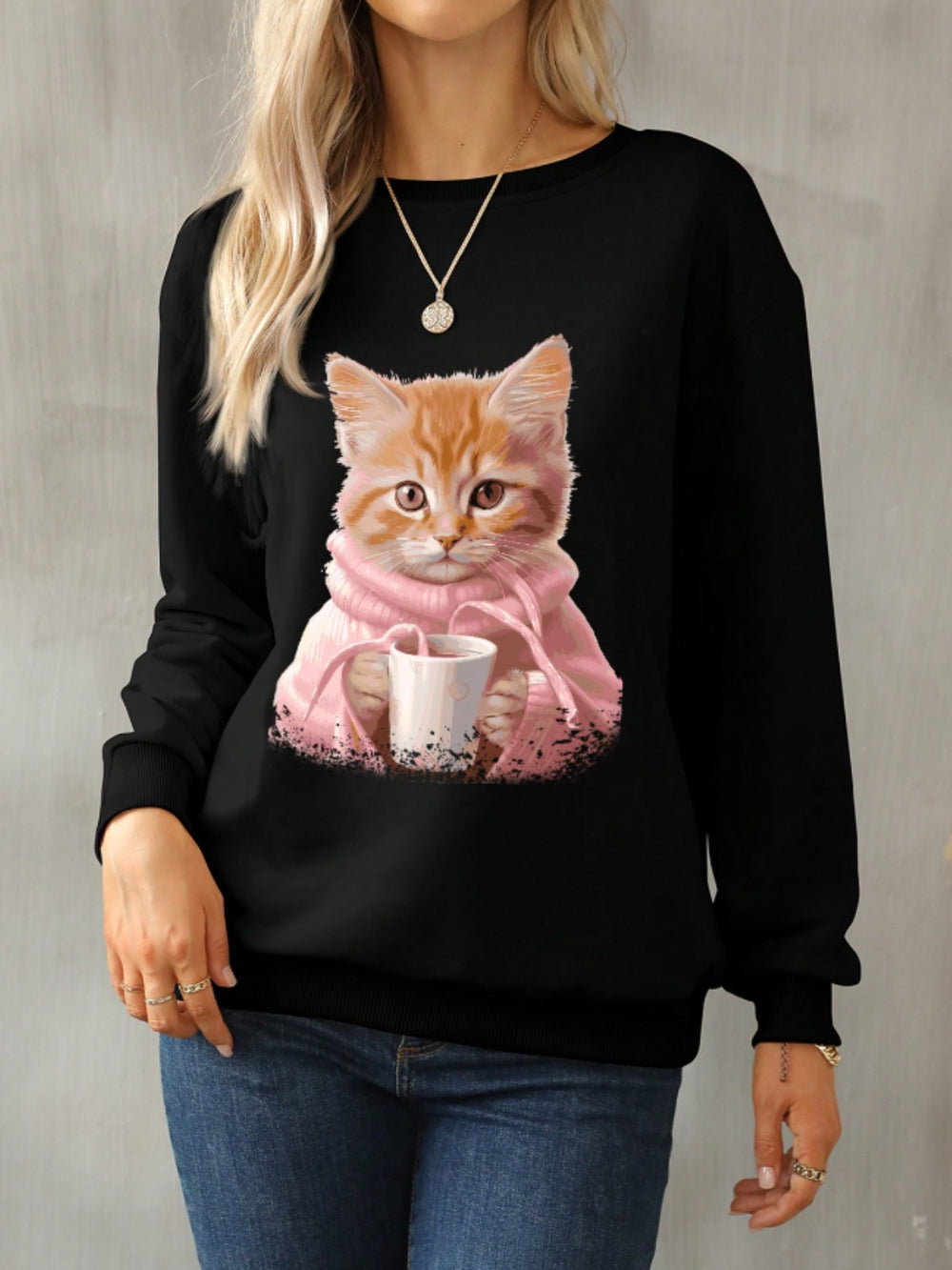 Cat Round Neck Long Sleeve Sweatshirt - felvior