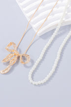 Synthetic Pearl Necklace, Bow Necklace and Bow Earrings Jewelry Set