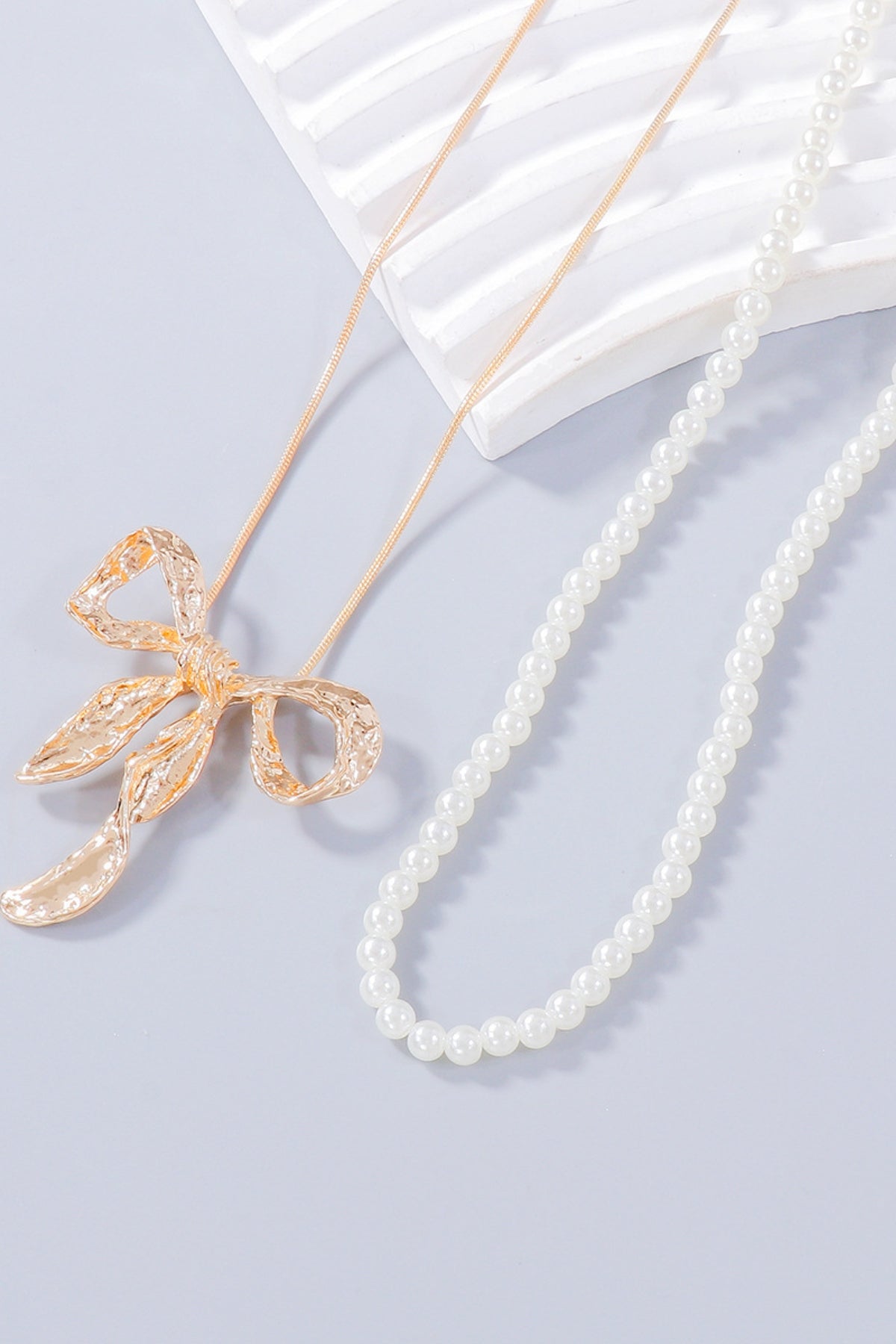 Synthetic Pearl Necklace, Bow Necklace and Bow Earrings Jewelry Set - felvior