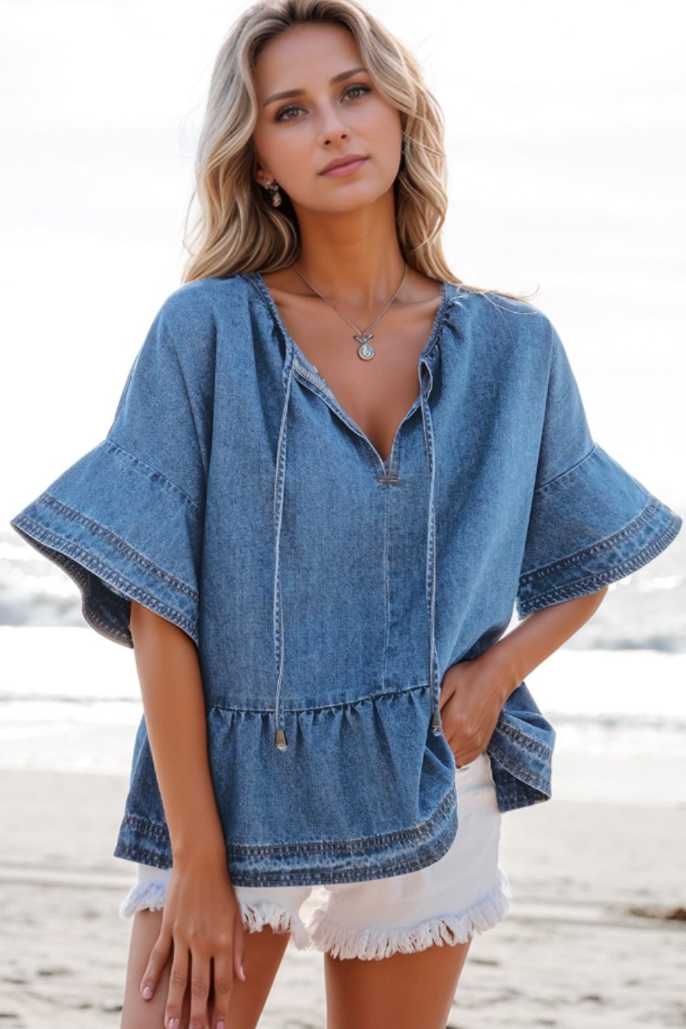 Tie Neck Ruffled Half Sleeve Denim Top - felvior