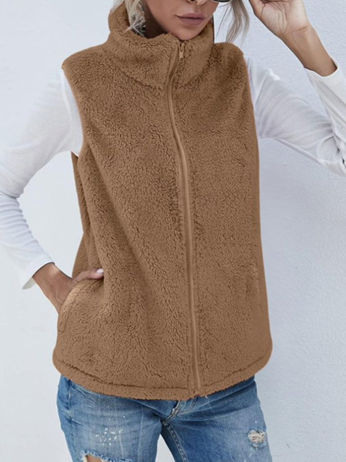 Full Size Fuzzy Zip Up Vest Coat with Pockets - felvior