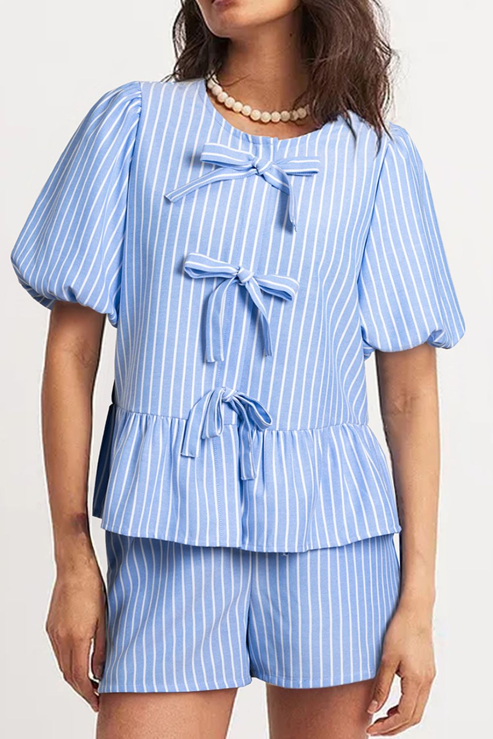 Striped Bowknot Detail Puff Sleeve Top and Shorts Set Main image
