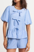 Striped Bowknot Detail Puff Sleeve Top and Shorts Set