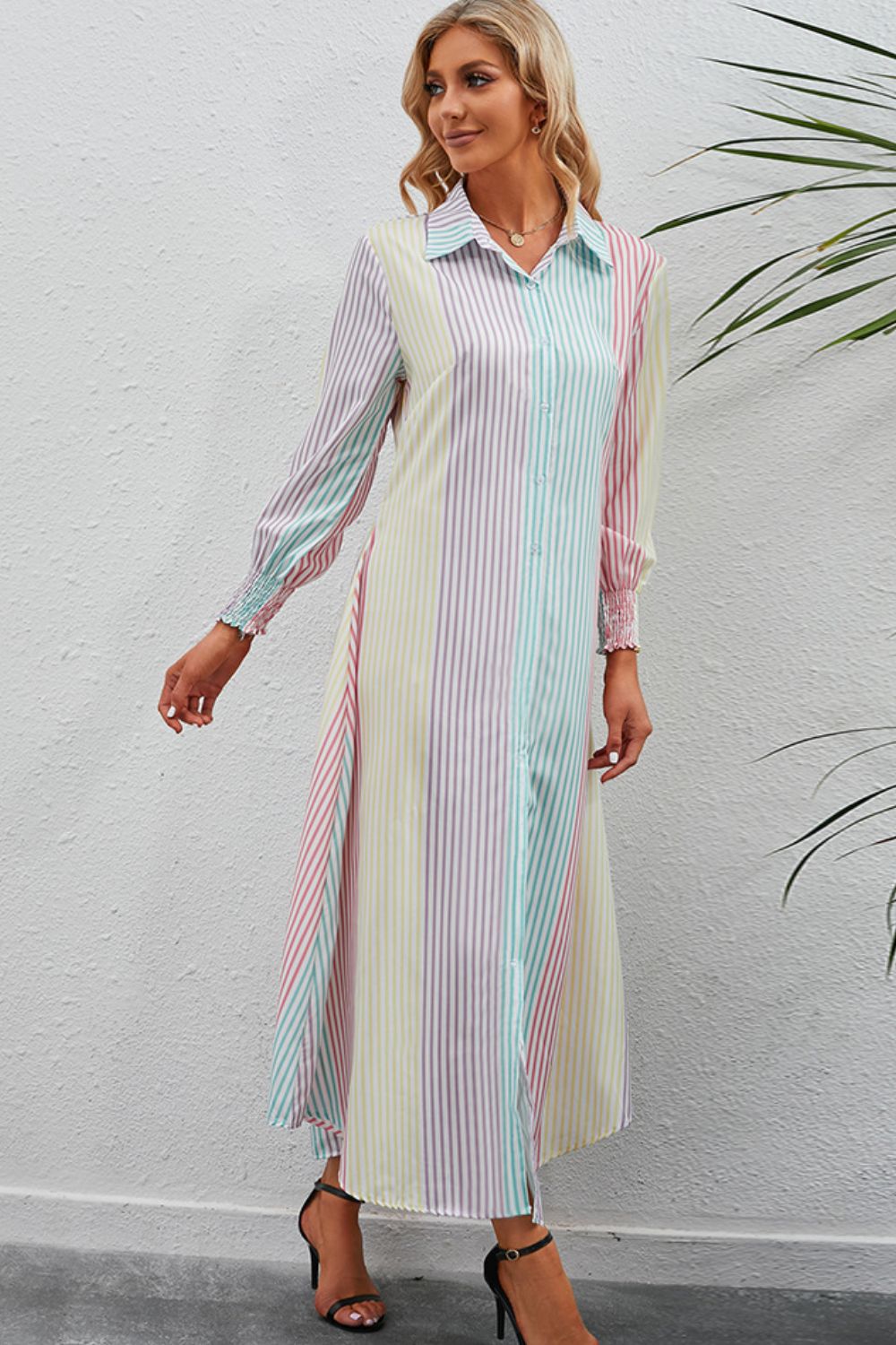 Rainbow Stripe Button-Up Maxi Shirt Dress - felvior