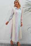 Rainbow Stripe Button-Up Maxi Shirt Dress - felvior