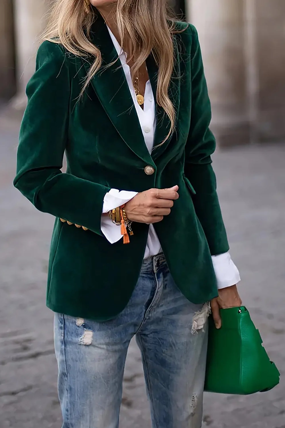 One Button Lapel Collar Long Sleeve Blazer - felvior