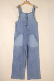 Wide Strap Denim Overalls with Pockets - felvior