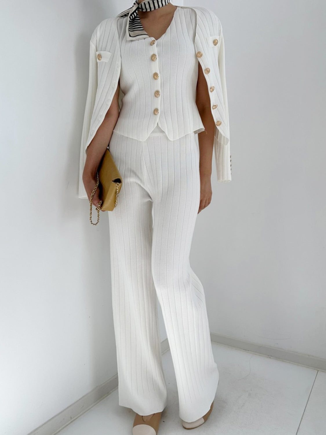 V-Neck Tank, Cardigan and Pants Three-Piece Sweater Set - felvior
