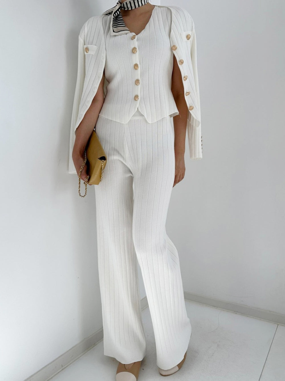 V-Neck Tank, Cardigan and Pants Three-Piece Sweater Set - felvior