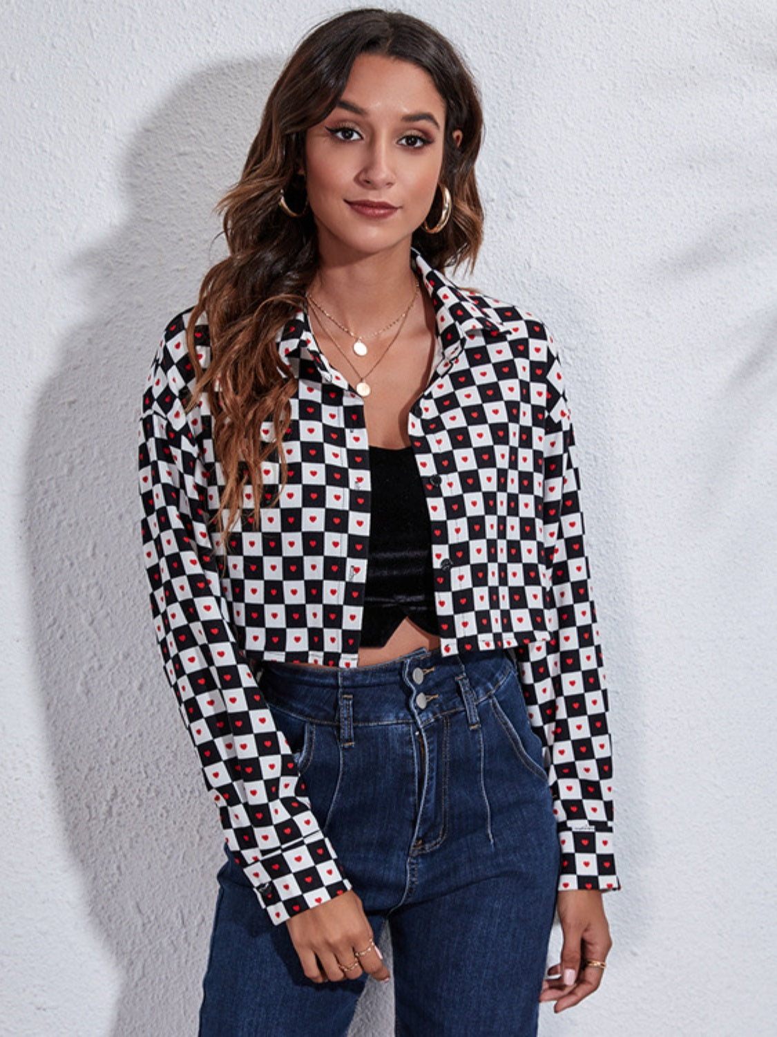 Button Down Printed Cropped Jacket - felvior