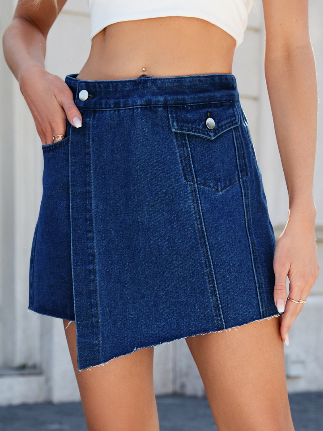 Frayed Hem Asymmetrical Denim Skort - felvior