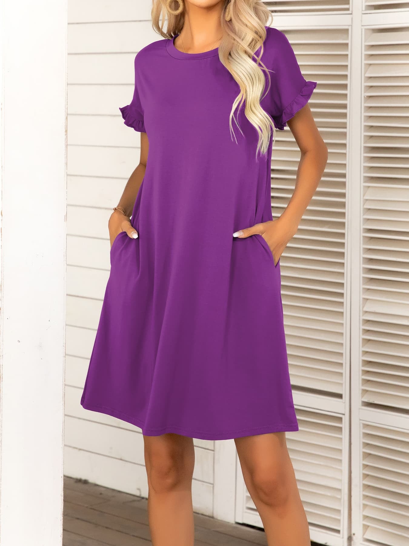 Round Neck Flounce Sleeve Dress with Pockets - felvior