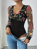 Perfee Embroidered V-Neck Long Sleeve Bodysuit - felvior