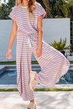 Striped Round Neck Short Sleeve Top and Pants Set - felvior