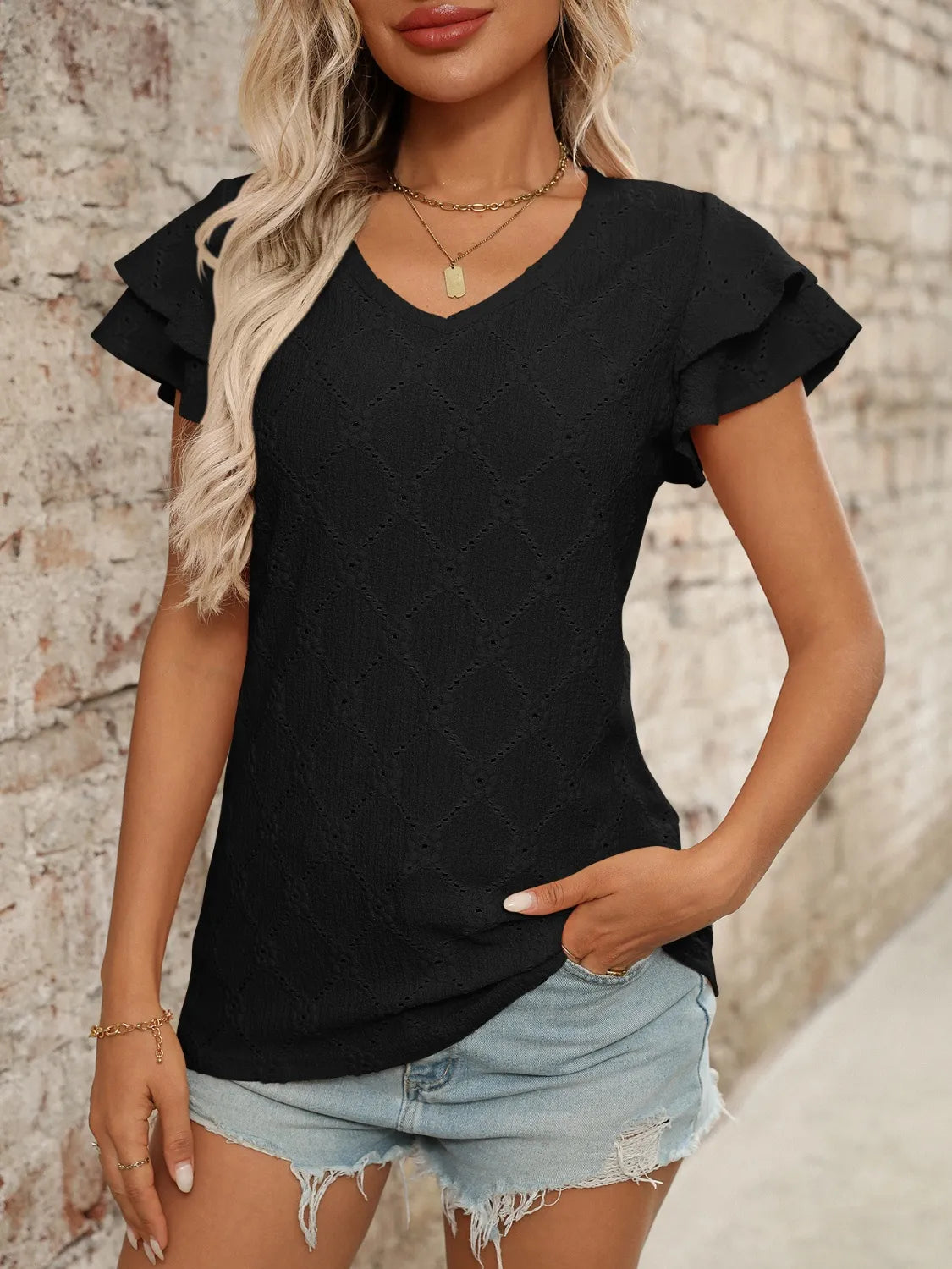 Eyelet V-Neck Ruffled Cap Sleeve Top
