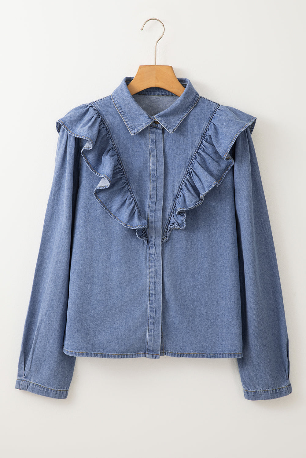 Ruffled Collared Neck Long Sleeve Denim Top - felvior