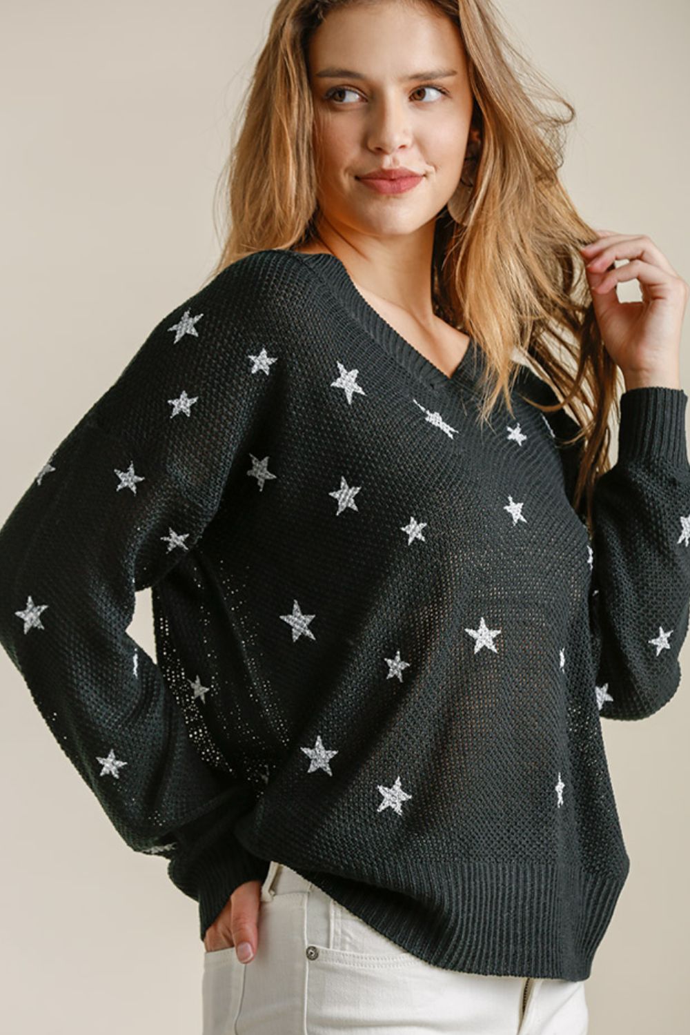 Umgee Full Size Star V-Neck Long Sleeve Sweater Plus Size Main image