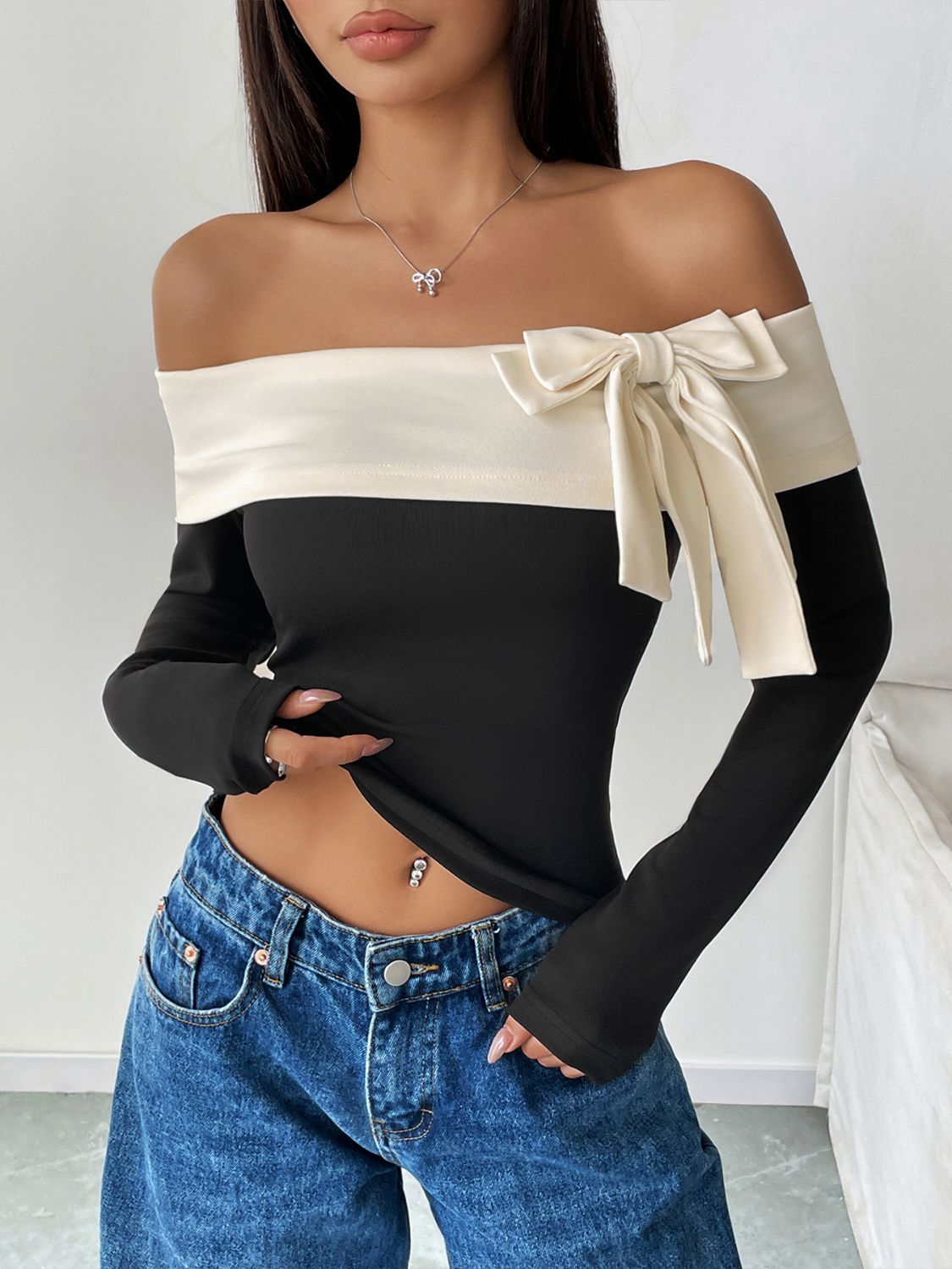 Perfee Bow Contrast Off-Shoulder Long Sleeve Top Main image