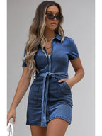 Full Size Zip Front Short Sleeve Denim Dress Plus Size