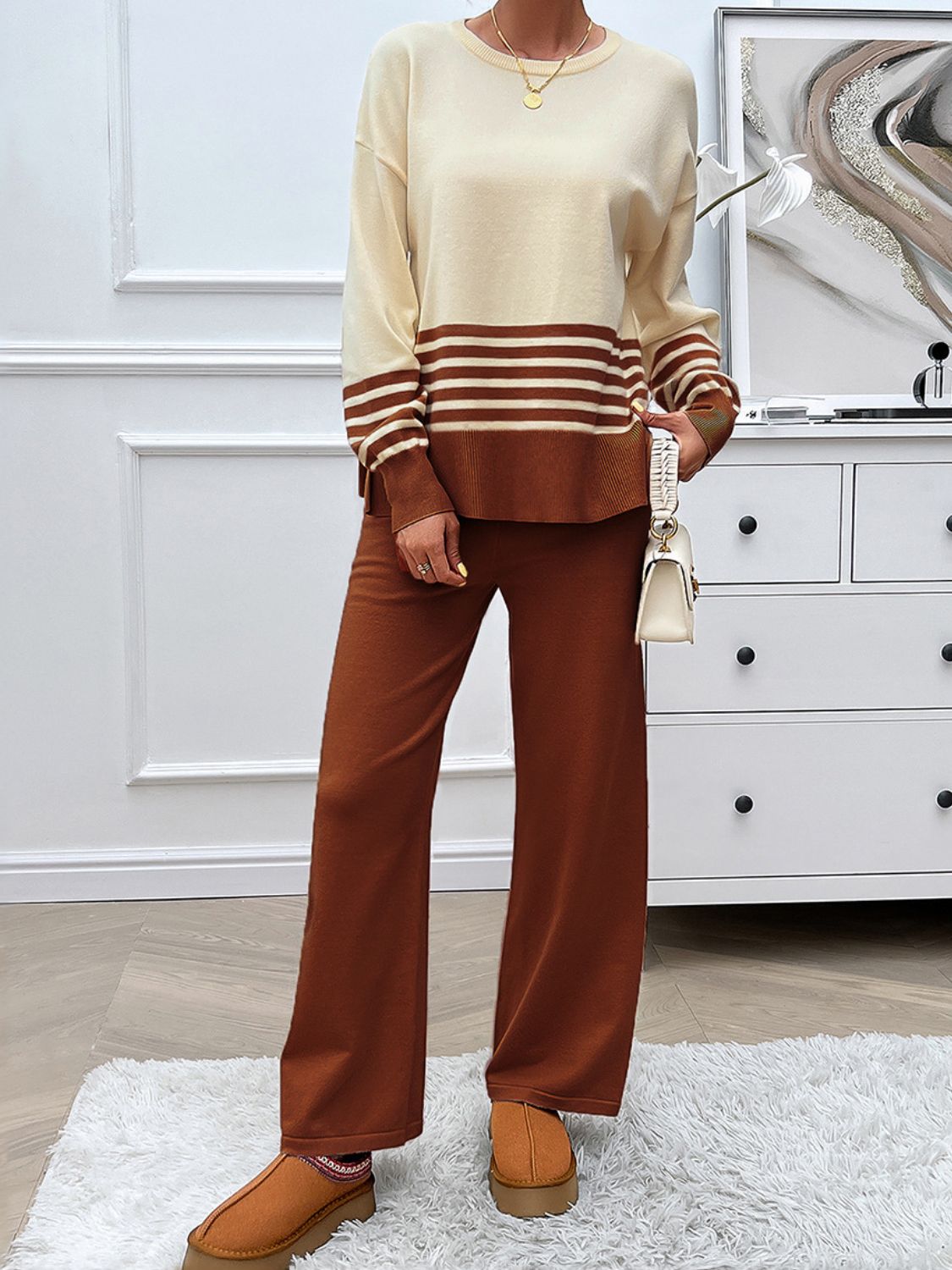 Devine Slit Striped Round Neck Top and Pants Sweater Set - felvior