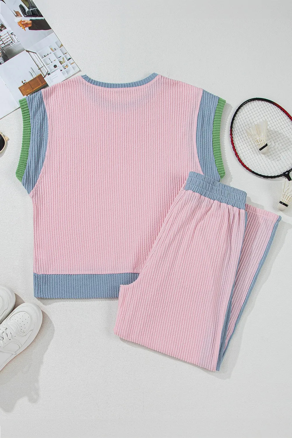 Contrast Round Neck Top and Pants Set - felvior