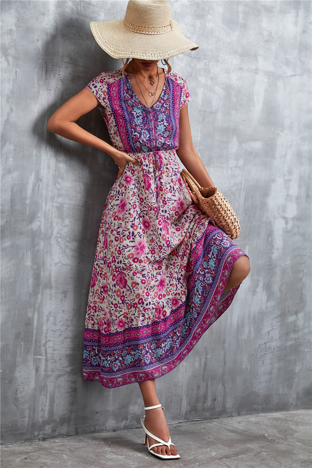 V-Neck Short Sleeve Printed Maxi Dress - felvior