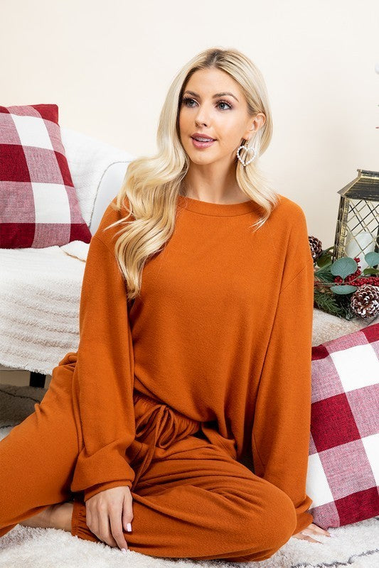 Super Lady Full Size Fuzzy Hacci Brush Round Neck Top and Pants Lounge Set - felvior