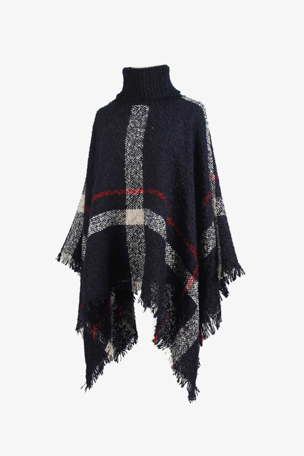 Plaid Turtleneck Raw Hem Poncho - felvior
