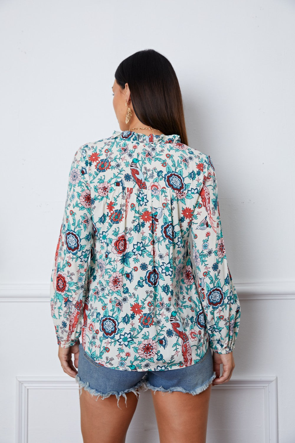 Floral Notched Long Sleeve Blouse - felvior