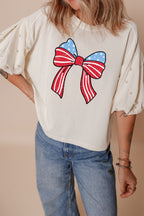 Bowknot Graphic Pearl Puff Half Sleeve T Shirt