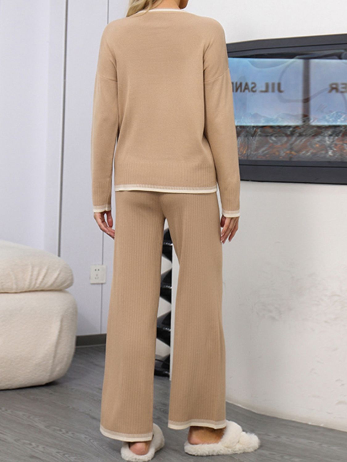 Contrast Trim Round Neck Top and Pants Sweater Set - felvior