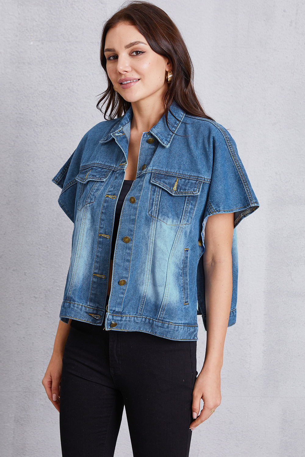 Pocketed Button Up Short Sleeve Denim Top - felvior