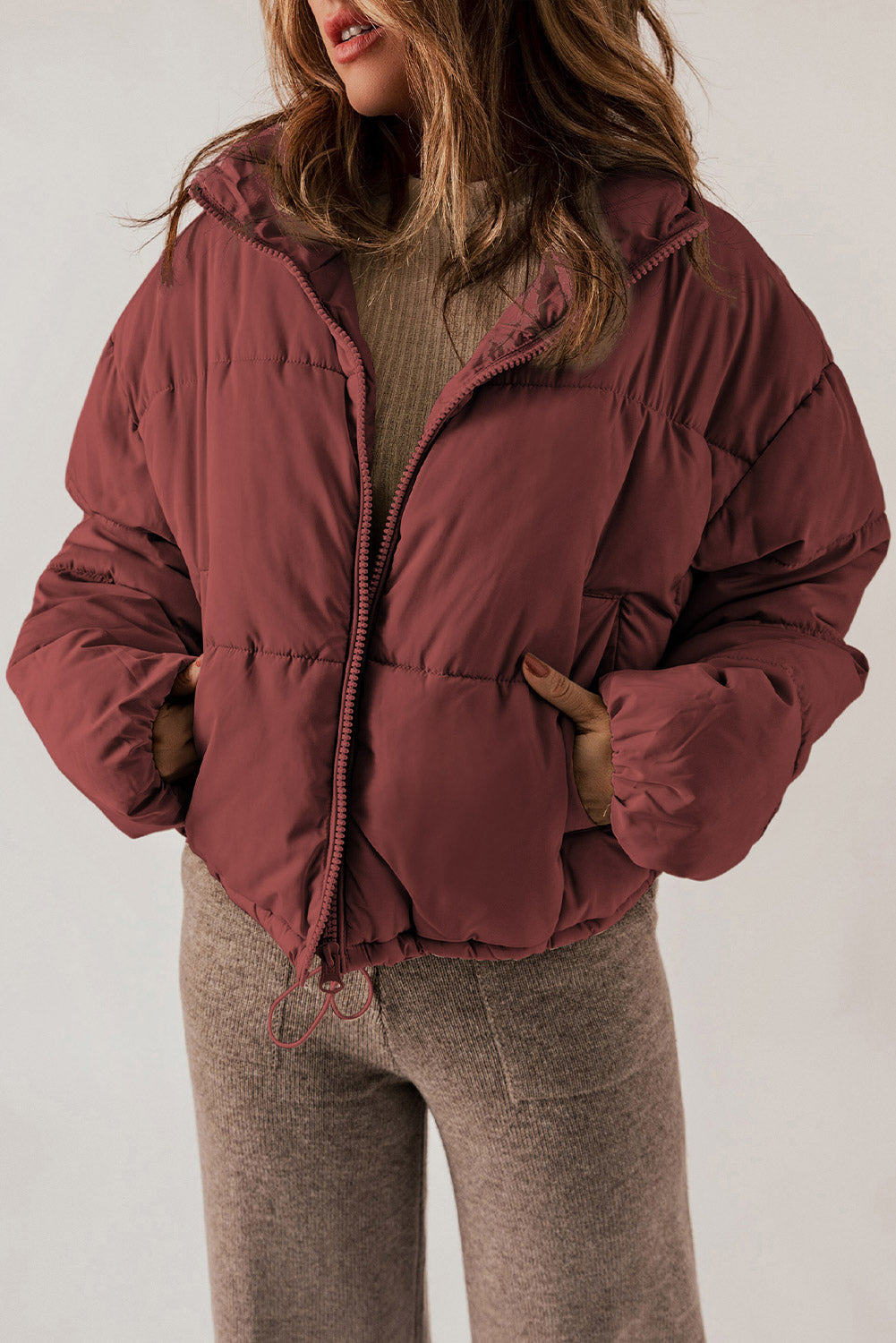 Zip Up Collared Neck Long Sleeve Winter Coat - felvior