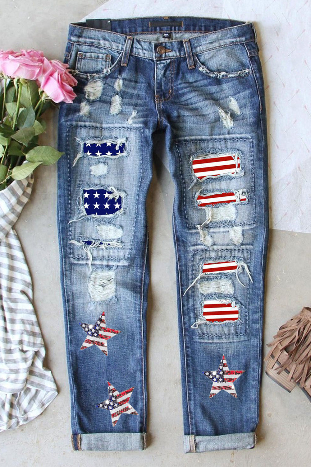 US Flag Mid-Rise Waist Straight Jeans Hauptbild