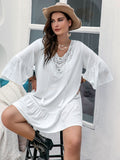 Plus Size Lace Detail Tie Neck Three-Quarter Sleeve Mini Dress - felvior