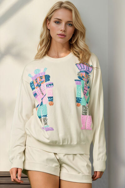 Double Take Full Size Sequin Nutcracker Long Sleeve Sweater Hauptbild