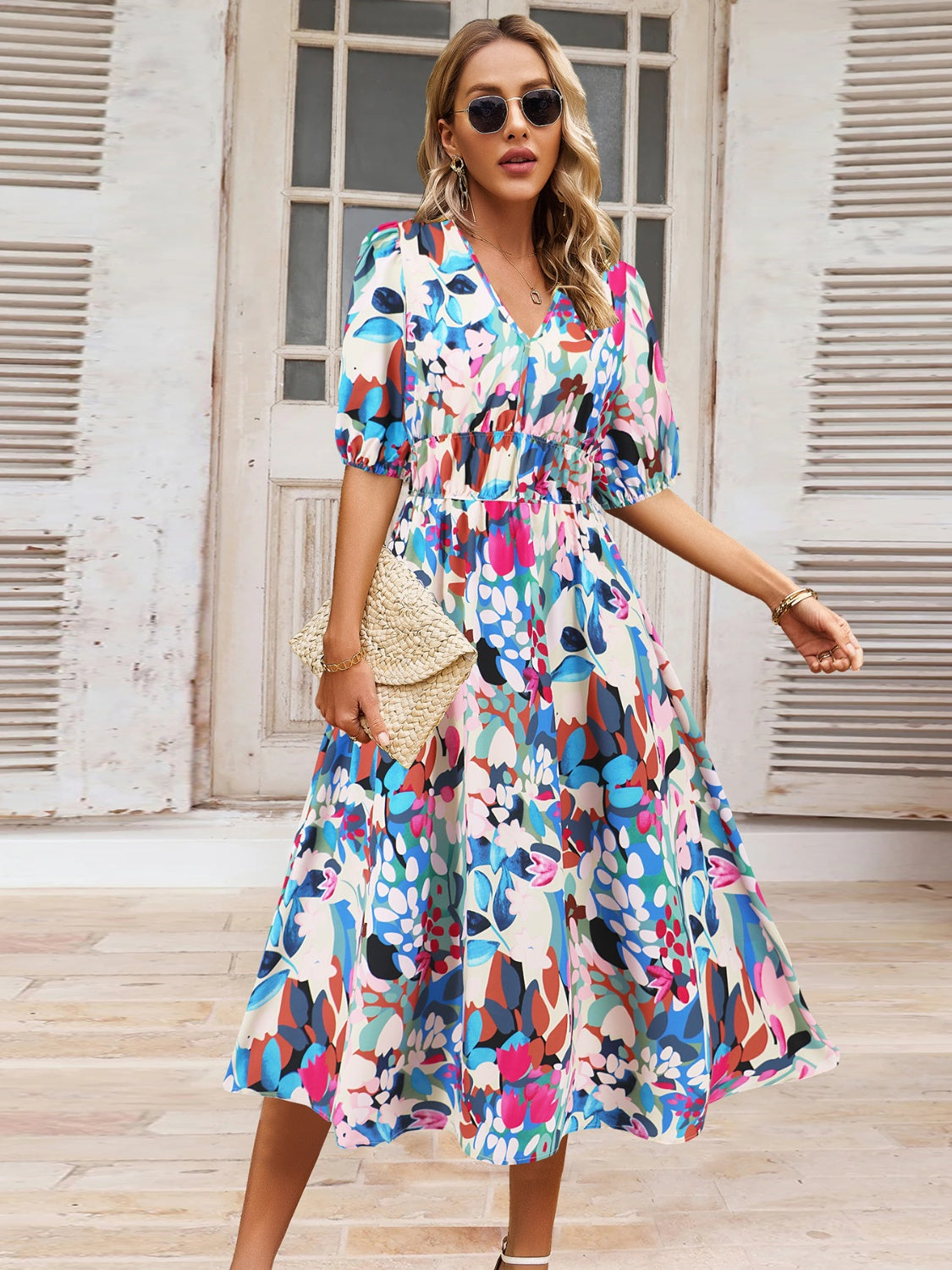 Ruched Printed Surplice Short Sleeve Dress - felvior