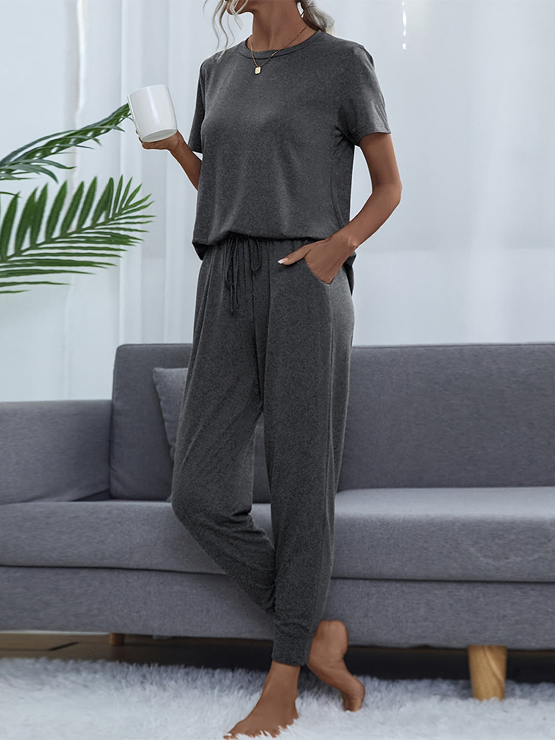 Shiny Round Neck Short Sleeve Top and Pants Set - felvior
