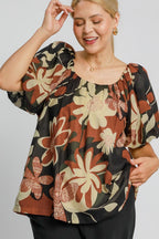 Umgee Full Size Print Round Neck Puff Sleeve Top Plus Size