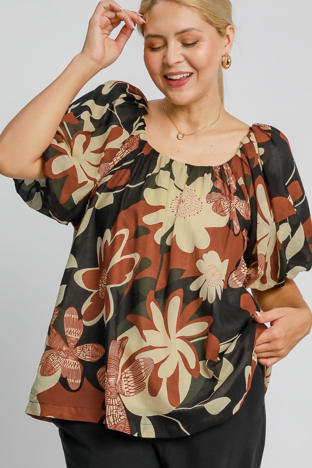 Umgee Full Size Print Round Neck Puff Sleeve Top Plus Size