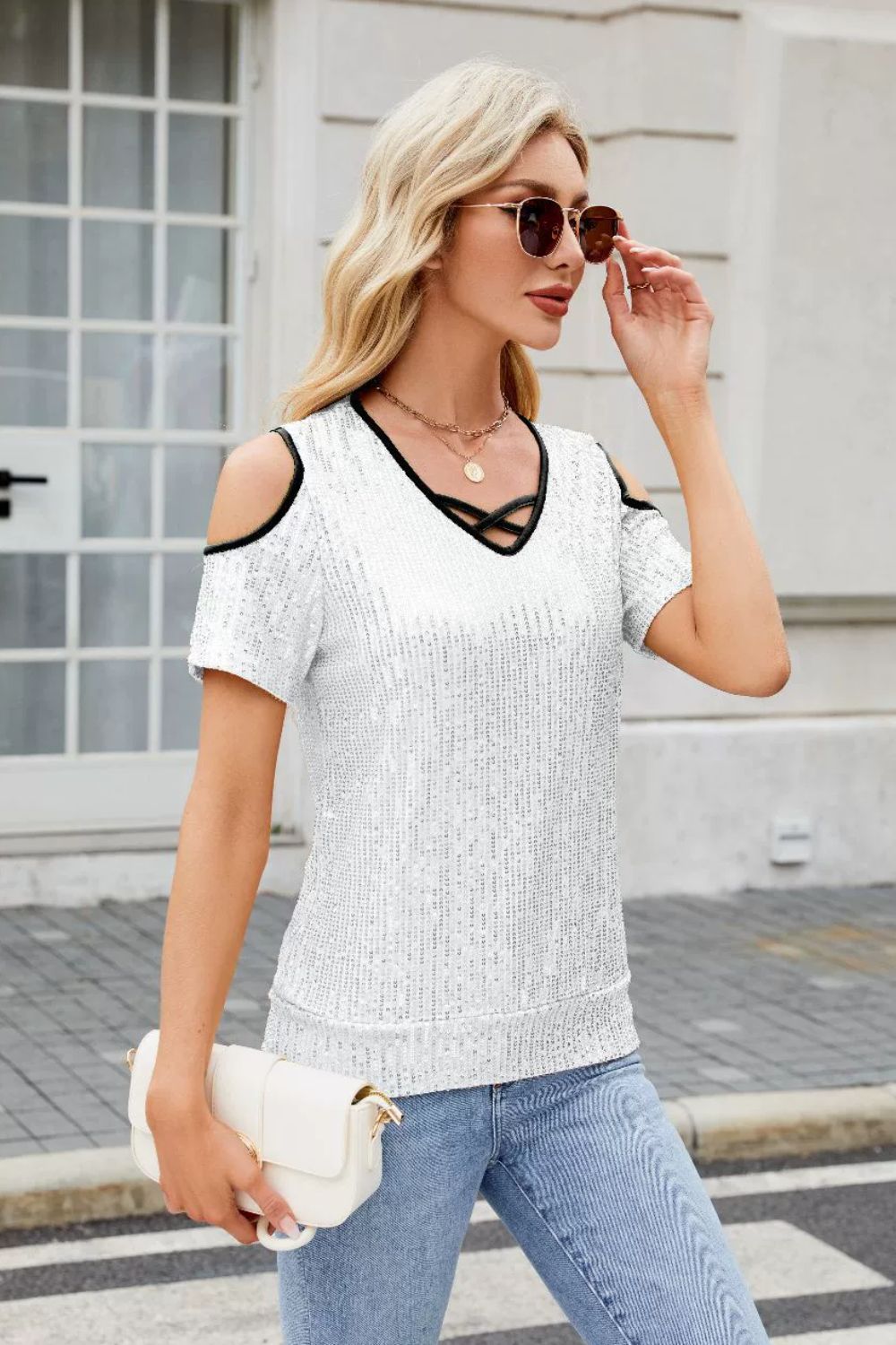 Sequin Crisscross V-Neck Cold Shoulder Blouse - felvior