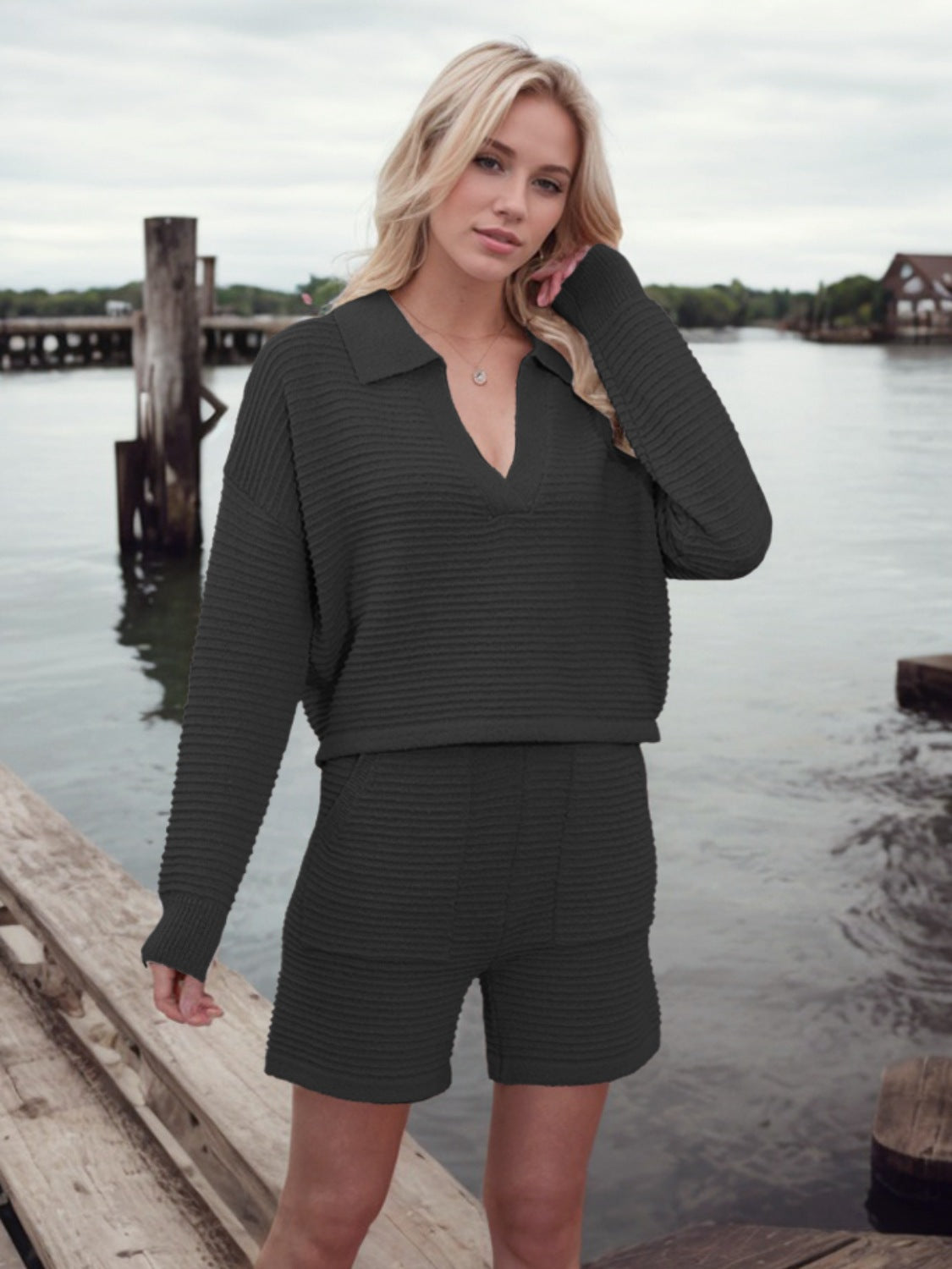 Johnny Collar Long Sleeve Top and Shorts Sweater Set - felvior