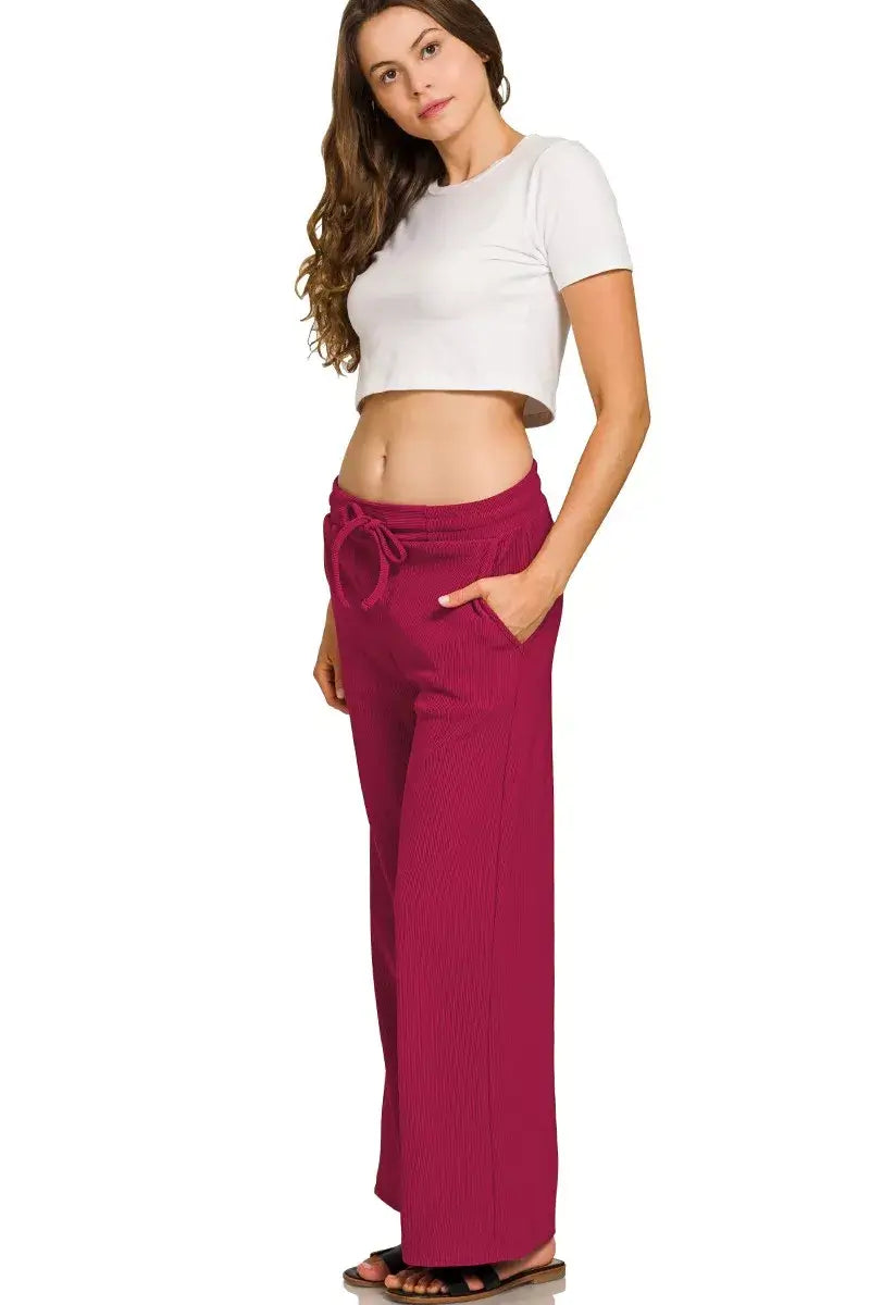 Zenana Ribbed Round Neck Pullover and Drawstring Pants Set