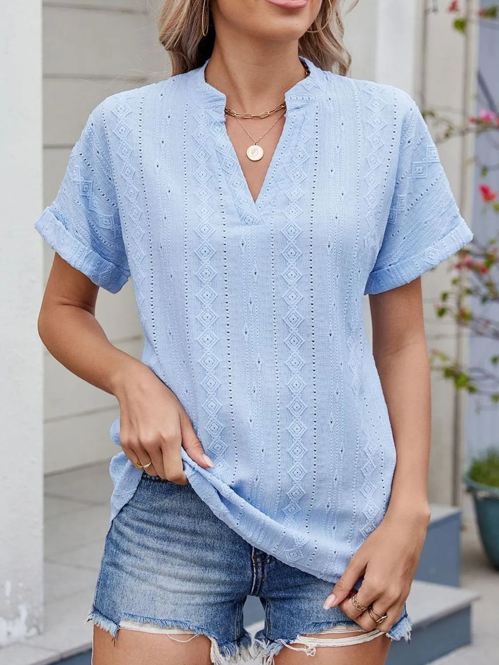 Eyelet Notched Short Sleeve Top