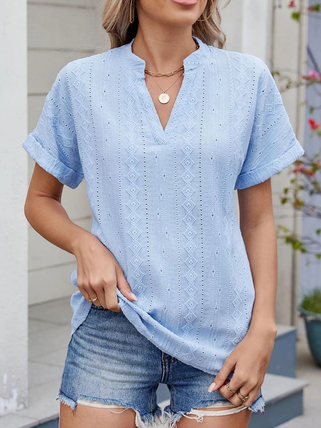 Eyelet Notched Short Sleeve Top