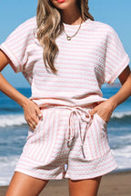 Stripe Knitted Short Sleeve Top and Drawstring Shorts Set