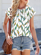Printed Round Neck Cap Sleeve Top