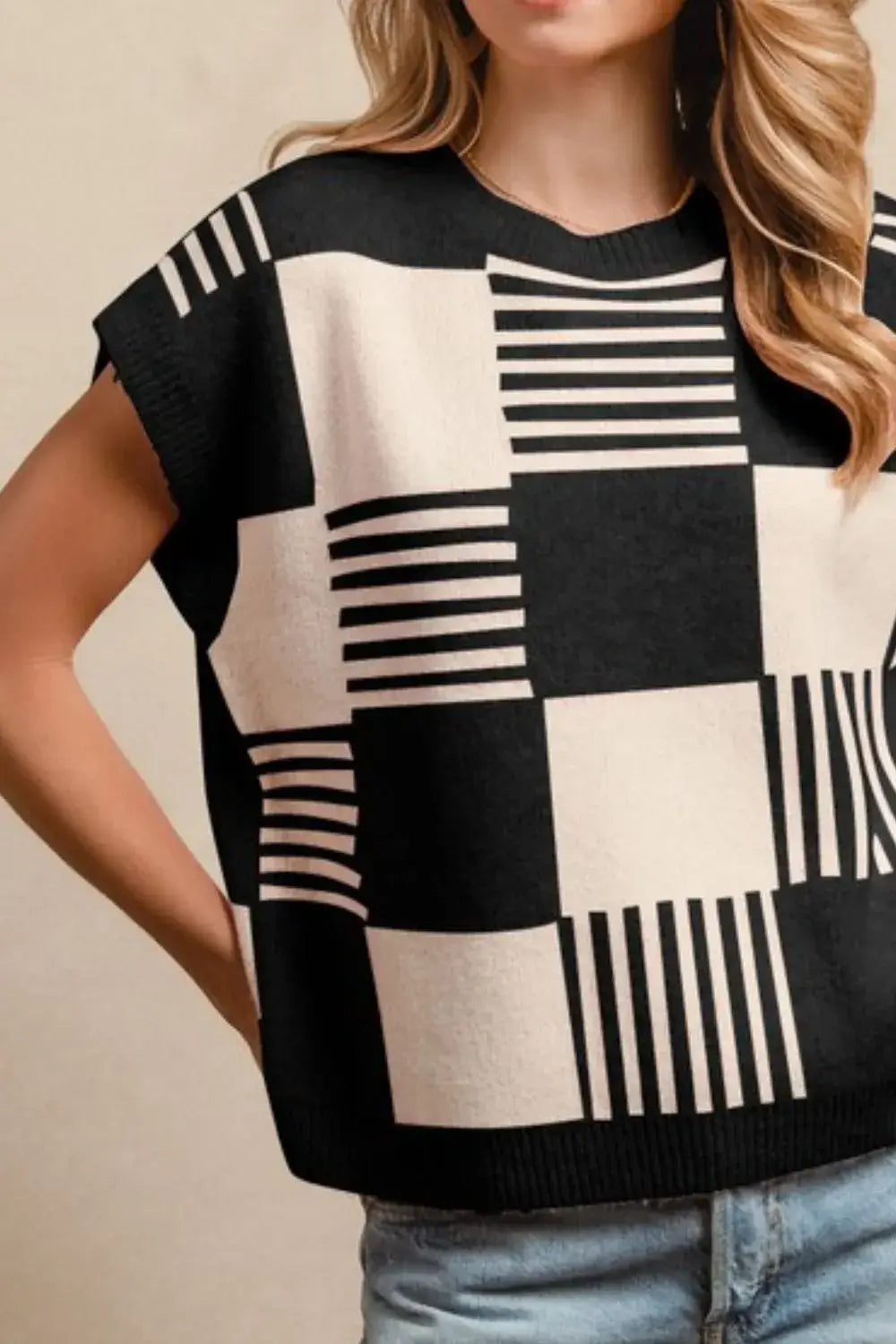 BiBi Checker With Stripes Pattern Sleeveless Sweater