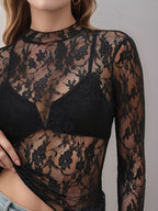 Floral Mock Neck Long Sleeve Mesh Top